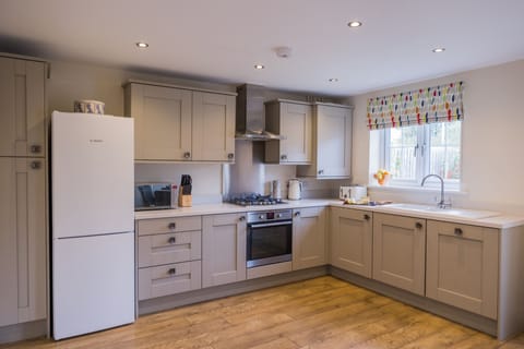 Electric oven, gas hob with washing machine and dishwasher either side of the sink