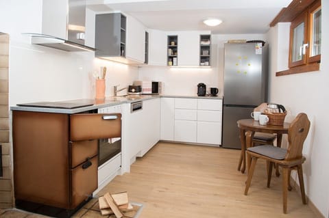 Kitchen with a wood stove