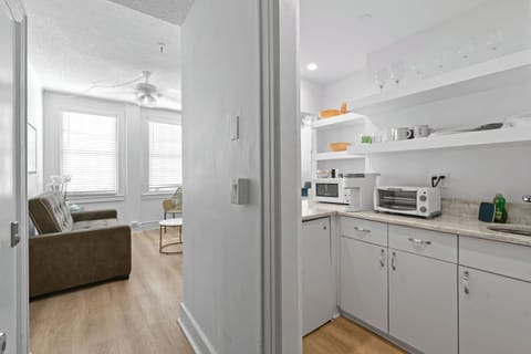 View from the entrance to the kitchenette’s to the left and living area straight ahead