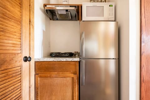 A small refrigerator, microwave, and hot plate for cooking and food storage needs