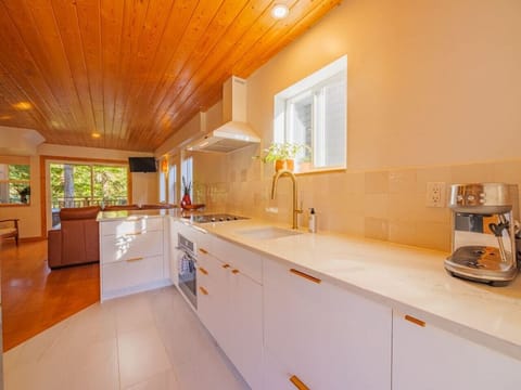 The beautiful interior showcasing the white kitchen and wood ceiling.