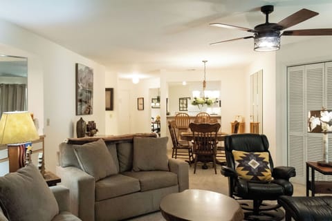 Living room looking into dining room and kitchen.