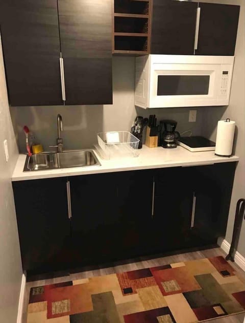 Includes a Kitchenette with coffee maker, microwave, mini fridge, coffee, tea, creamer, dishes, cups and silverware.