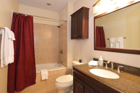 There's plenty of storage space in the bathroom as well