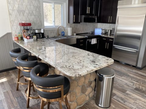 Chef's kitchen with stainless appliances and bronze stools