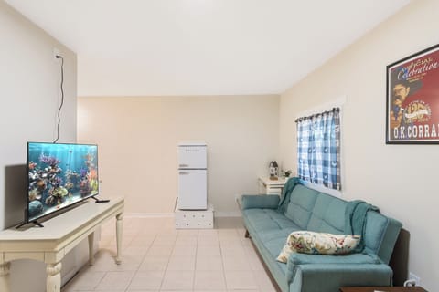 living room with roku tv and futon