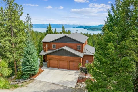Aerial view of house and lake