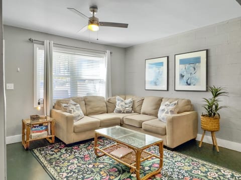 Relax in the comfortable, industrial styled living room. 