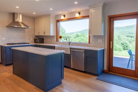 Newly renovated kitchen with lake and mountain views