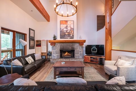 Living area: Wood burning fireplace, TV, forest view
