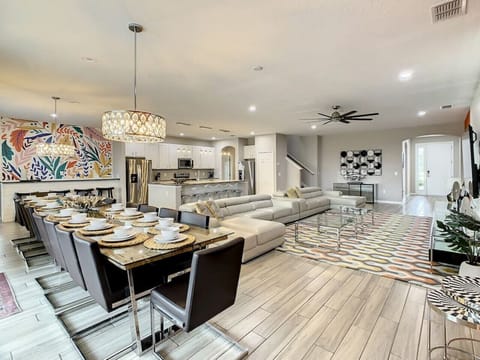 A large dining and living area allow for the entire family or group to enjoy meals together or simply hang out.