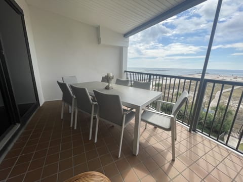 Large Gulf front balcony with dining for 8 and view of Perdido Pass 