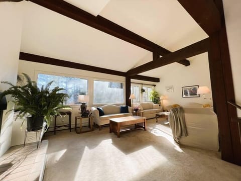 Spacious, bright, multiple lounging areas, vaulted ceilings, exposed beams.