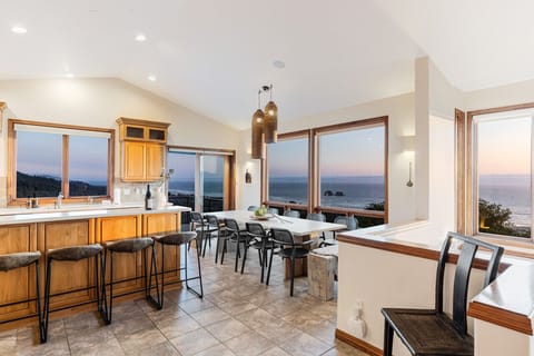 The dining room and kitchen