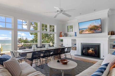 Incredible views of Lake Michigan are the highlight of the living room.