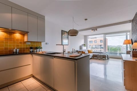 Well-equipped open kitchen connected with dining space and living area