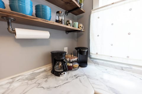 Drip coffee available.  Cameron's ground Jamaican is available  next to the mugs with a 2tbsp scooper to make the pot as strong as you'd like.  Creamer, sugar and stevia available too.