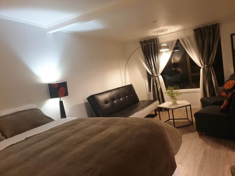 15 m2 bedroom with superkingbed and sofa bed , coffee table by the window