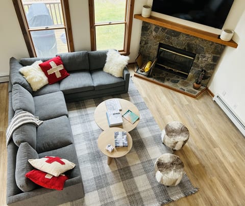 Living room with fireplace and brand new furniture 