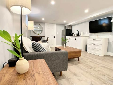 Corner view of the studio featuring main entrance, kitchenette and a large TV with Netflix, Hulu, Disney and Prime. 