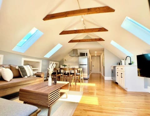 Front view of the open area of the apartment, featuring cathedral ceilings and 4 skylights, providing lots of natural light. 