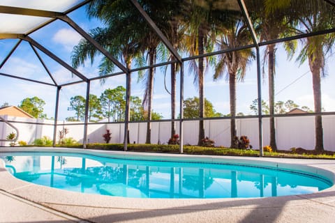 Heated Pool in Screened-In Lanai, Palm trees in backyard