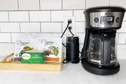 A small supply of regular and decaf coffee singles, tea, and sugar are provided for your convenience. There is also a coffee grinder and French Press available if you prefer to bring your own. Guests will need to provide their own cream, etc.