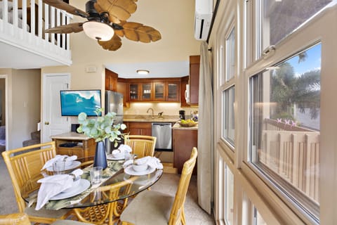 Eat inside our outside on the lanai off of the dining area