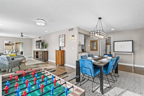 Play a morning match of foosball while waiting to head out for the day