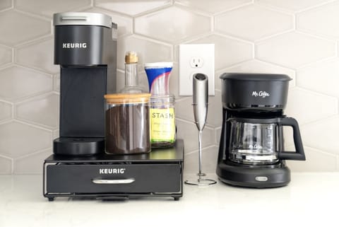 We provide several K-cups, medium ground coffee, tea, and cocoa.