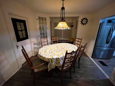 Dining room with six chairs.