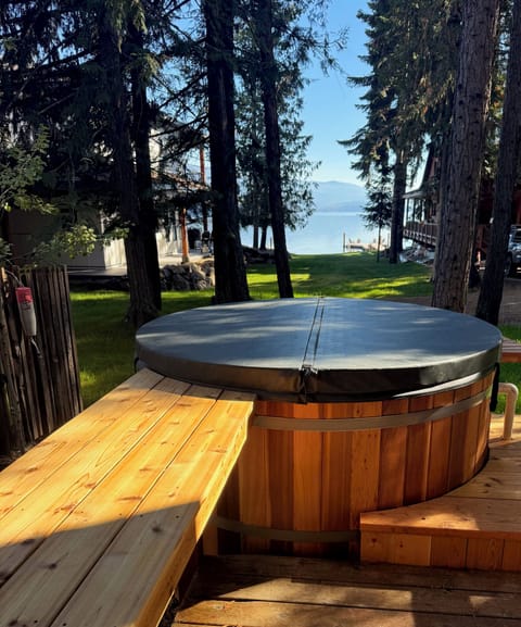 Cedar hot tub with lake views