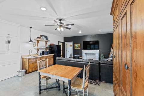 Barn door from bunkroom, Dining, Wet Bar & Living Downstairs