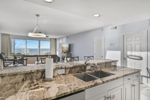 New granite counters with 4 bar stools