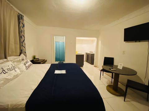 King size bed with kitchenette, bathroom and private entrance.