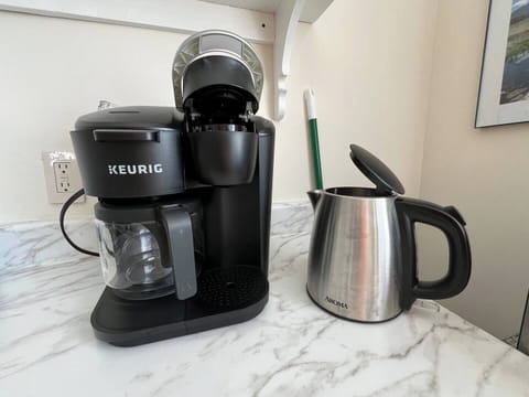 Keurig coffee maker - single cup or full pot. Hot water kettle for the tea drinkers.