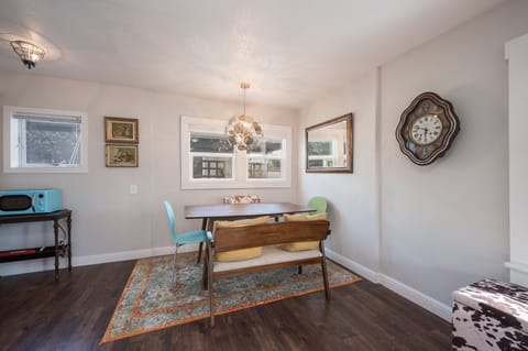 Dining room seats 6. Well appointed with antiques and mirrors for extra sparkle