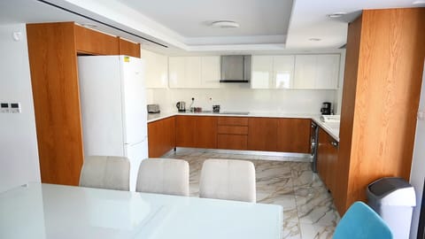 Contemporary kitchen fully equipped with all amenities including, washing machine, dishwasher, microwave and coffee machine. 