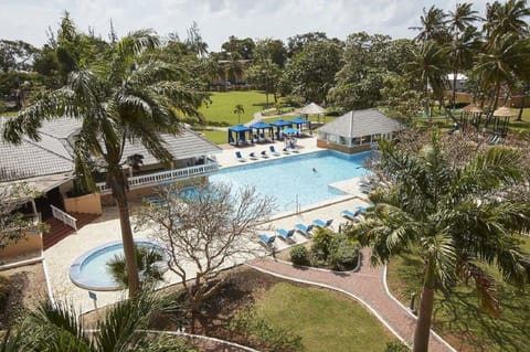 Discover the resort layout from above, palms and pools.