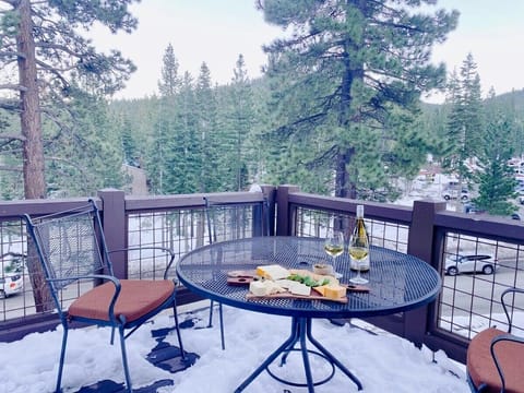 Balcony: Welcome to the private deck with stunning views of the Tahoe mountains.