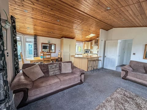 Cozy living room with rustic wood ceiling and open kitchen view