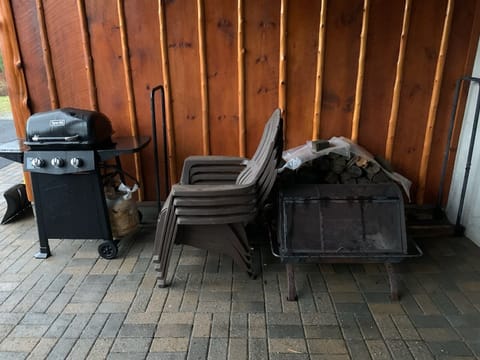 Gas grill, ADK chairs and firepit with wood bin
