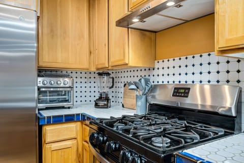 The kitchen has ample counter space and up to date appliances.