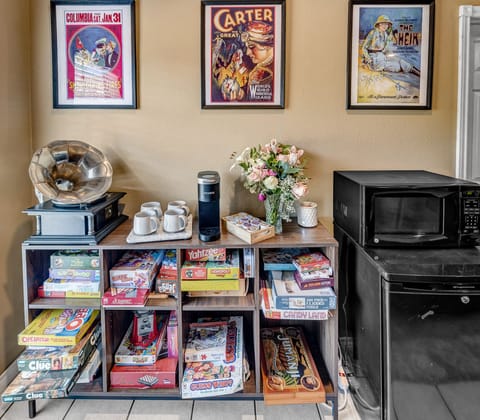 Lots of snacks, drinks, board games along with a mini fridge Microwave and coffe