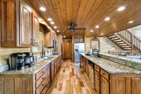 Two fully equipped kitchens. Double ovens. Keurig machine. Beverage cooler. Bar seating for 6. Two dishwashers. Two sinks. Microwave. Blender. 3 fridges (main kitchen, lower level kitchen, garage). Filtered water tap. Walk-in pantry.