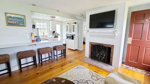 Open main living area with kitchen and counter seating