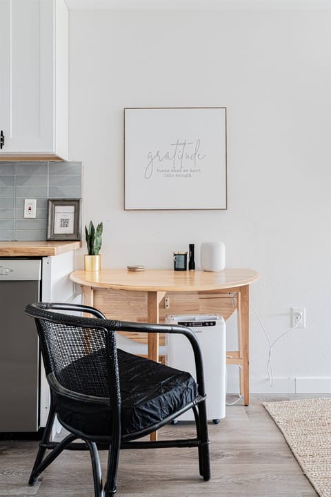 We have a dinner table that is seldomly used for eating as we love to eat outside.  Feel free to connect to our wifi and do a little work or have some online retail therapy. Our tiny home is totally functional for any home chef!