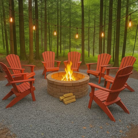 Cozy forest fire pit, Adirondack chairs, and string lights. Wood costs $12 per bundle.