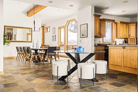 Kitchen with seating and dining area