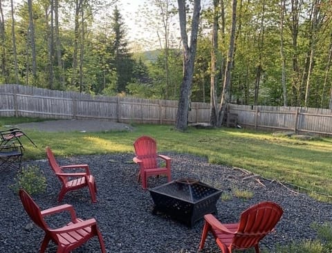 Fully fenced in backyard with views and fire pit